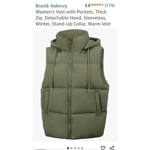Aokivvy Women's Puffer Vest , Olive Green,  Size S ,w/zip Off Hood, Nwt